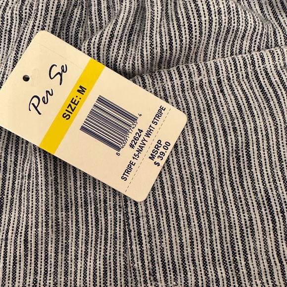 Per Se Linen Viscose Shorts Stripe 15-Navy Blue / White  pockets front & back M - Picture 2 of 8